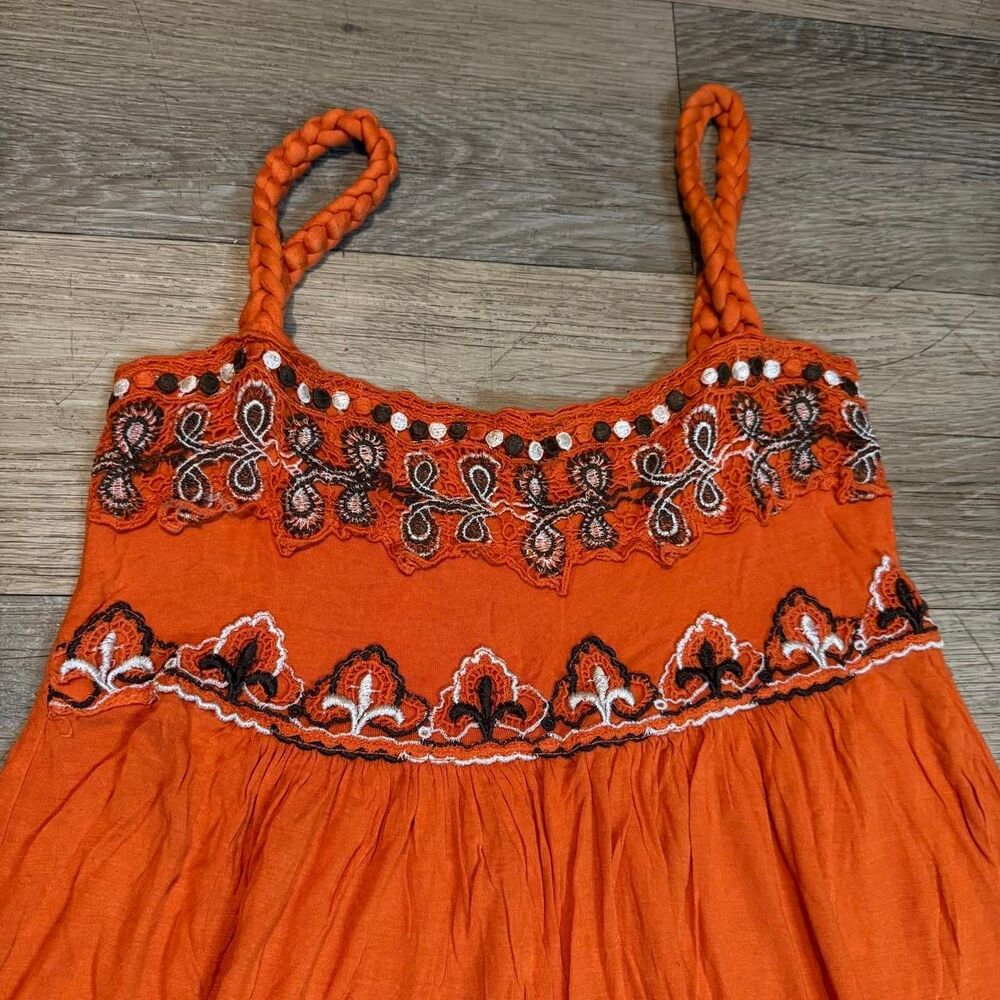 Orange Embellished Maxi Dress Braided Straps Beaded Embroidered Boho Summer